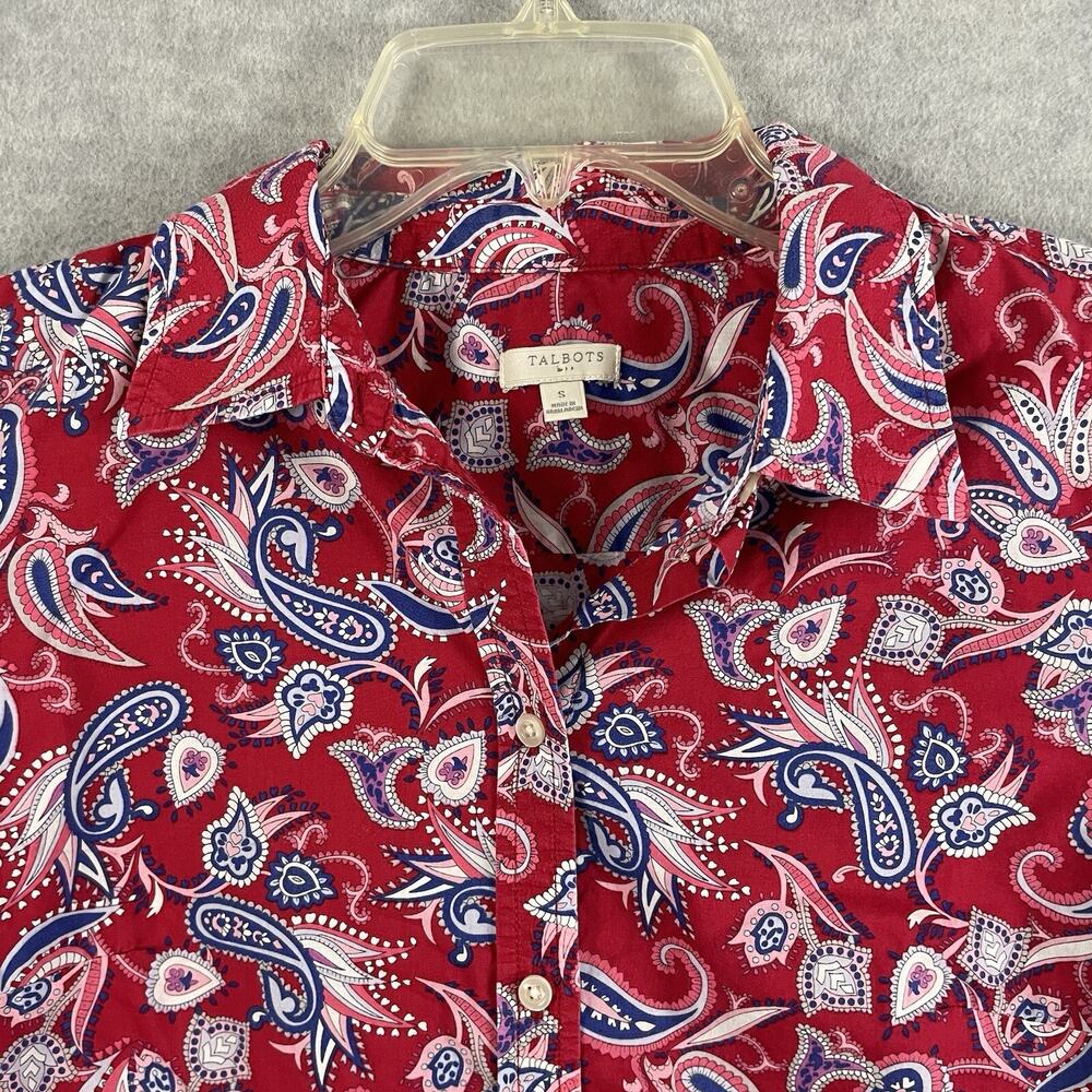 Talbots S Button Up Blouse Red Paisley Long Roll Tab Sleeves 100% Cotton Top - Picture 3 of 11